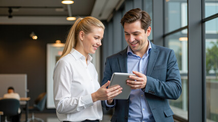Two young colleagues presenting new project on digital tablet, happy professional business people discussing ideas in modern office environment