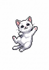 Playful white kitten, pixel art style, joyful expression, paws raised.