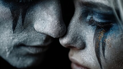 Close-Up of Two Faces with Grey Body Paint and Glitter