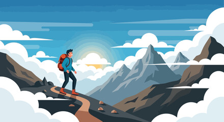 Man hiking in the mountains above the clouds at sunrise creating a sense of adventure and achievement reaching new heights