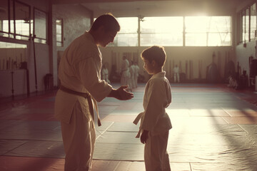 Early afternoon at a martial arts dojo with mats A youth practices karate moves with an instructor