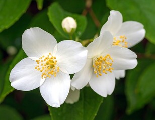 Three pristine white blossoms with yellow centers, nestled amongst vibrant green foliage