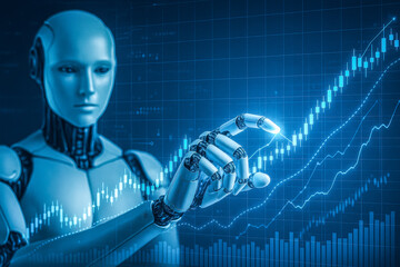 Robot hand manages stock market data, artificial intelligence controls financial analytics, automates trading, smart investment, digital business management, blue interface