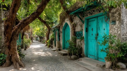 Fototapeta premium Sunlit Alleyway with Turquoise Doors and Stone Walls