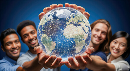 Happy diverse group of people holding glowing earth globe, this shows concept for globalization, great community, and our shared future