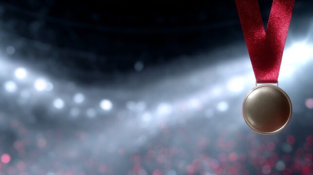 A shiny gold medal hangs prominently with a red ribbon. The blurred background of an arena adds excitement. Perfect for sports, achievement, or celebration themes. AI