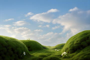 Natural Outdoor Environment with Green Grass, Small Flowers, and Open Cloudy Sky, Perfect Product Scene Placement Background for Organic Beauty, Cosmetic, and Nature-Inspired Showcase Design