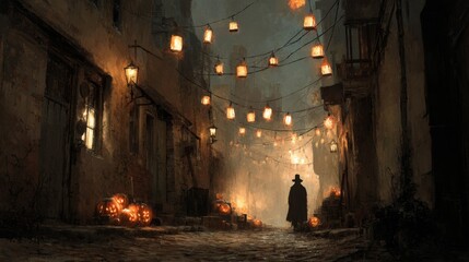 Obraz premium Mysterious Person Walking on a Dark and Foggy Night Street with Lanterns