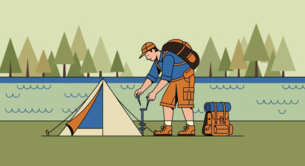 Fototapeta premium Man Pitches Tent on Lakeside Campsite Enjoying Outdoor Adventure Activity