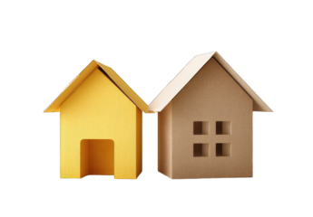 Two simple, stylized houses, one yellow, one beige, sit side-by-side,  suggesting contrasting or different options