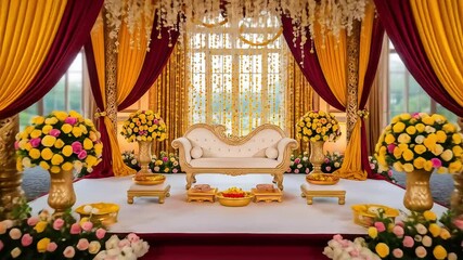 Elegant Wedding Venue Decorated With Gold Yellow And Red Floral Arrangements And Traditional Decorations