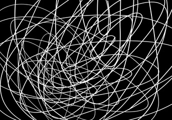 White tangled thread background. Circular abstract pen stroke vector illustration, on black background. Tangled scribbles hand drawn doodles. Vector illustration isolated on black background.	