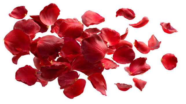 PNG, falling red valentines rose petals isolated on a transparent background