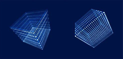 Abstract 3D blue cube made of particles and wireframe mesh, futuristic digital block design representing global network, AI, blockchain, data visualization, and cyber technology.