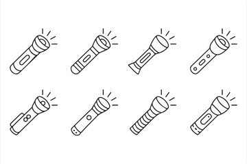 Set of eight flashlight icons, hand-drawn portable light symbols, vector line art design