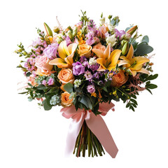 Exquisite Bouquet of Flowers: A captivating collection of vibrant, blossoming flowers meticulously arranged, showcasing the beauty of nature with a delicate ribbon enhancing its elegance. 