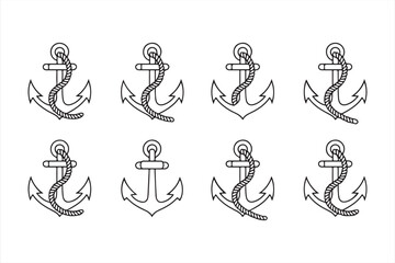 Set of eight anchor icons, hand-drawn nautical symbols, marine line art