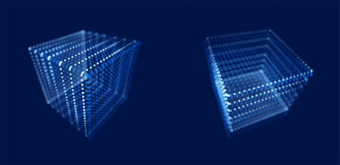 Abstract 3D blue cube made of particles and wireframe mesh, futuristic digital block design representing global network, AI, blockchain, data visualization, and cyber technology.