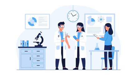 Medical research team administering vaccine in laboratory setting, illustration of scientific collaboration and healthcare solutions