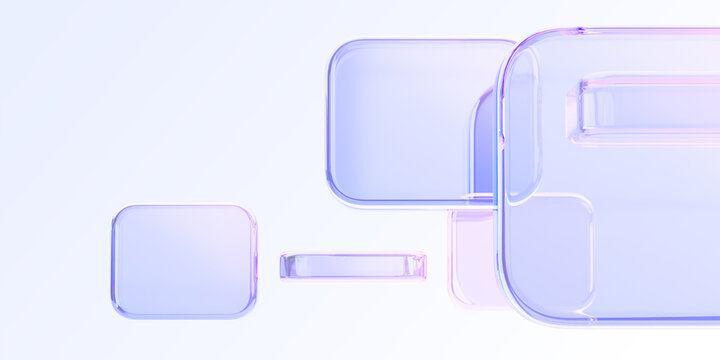 Light blue 3d background with glass holographic transparent cube blocks render. Abstract geometric pattern of square or rectangle shapes with purple pink gradient. Digital tech banner. 3D illustration