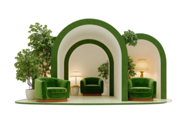 Green velvet chairs, arched alcoves, plants,  cozy