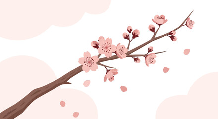 Pink Cherry Blossom Branch Against Pastel Sky Decorative Elegant Illustration