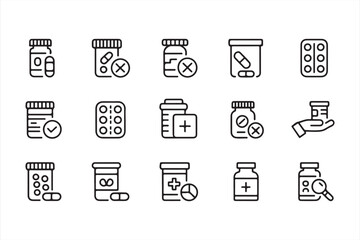 Healthcare and Medicine Icons Collection, Black and White, Pills and Bottles