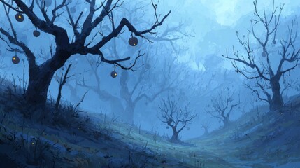 Mysterious Blue Forest at Night with Fog and Hanging Lights