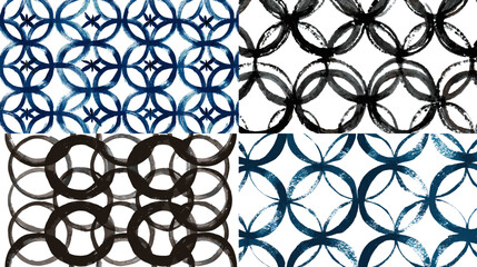 Artistic set of circular brush stroke patterns in blue and black, arranged in geometric, repeating designs with a bold, abstract feel.