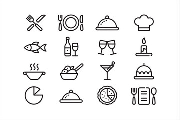 Elegant Restaurant Icons, Black and White Line Art, Food, Chef, and Dining Symbols
