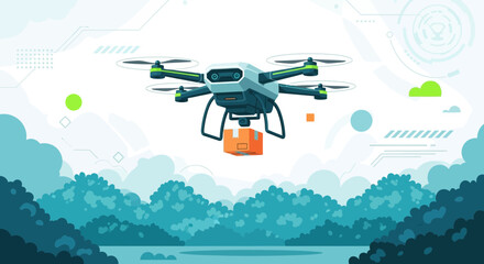 Modern Delivery Drone Hovering Above Landscape With Package For Global Logistics