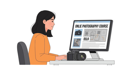 Woman learning photography through online course on computer with digital camera on desk illustration