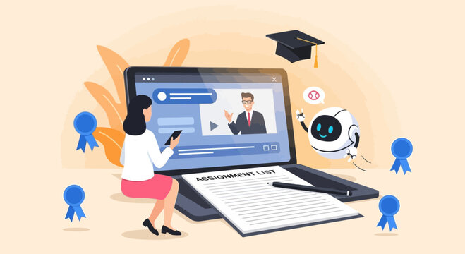 Modern Education Woman Student Watching A Webinar On Her Laptop Device