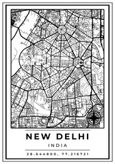 Downtown Street Maps of New Delhi City India, Black and White Modern Poster with Location Coordinate and Compass Position, Wall Art Home Decor Ready to Printable