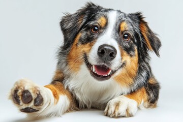 Dog Begging On White. Studio Portrait of Funny Australian Shepherd Puppy Playing and Looking Up