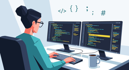 Female programmer coding on dual monitors with coffee cup in modern office illustration
