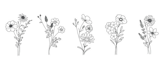 Flower doodle bouquet vector set. Collection black white contour drawing of foliage, wildflower, poppy, peony, eucalyptus. Illustration design for logo, wedding, invitation, decor.