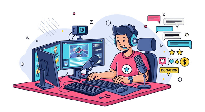 Gamer live streaming video games with dual monitors, microphone, and audience chat interaction