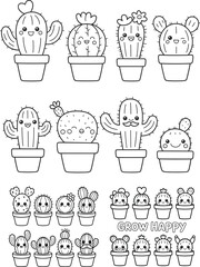 Cute Kawaii Cactus Coloring Page Smiling Succulent Characters in Clay Pots Line Art