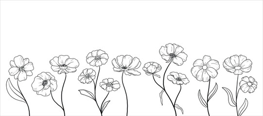 Flower doodle background vector. Black white contour drawing of foliage, wildflower, poppy, peony, eucalyptus, herb. Illustration design for card, interior, wedding, invitation, decor, banner.