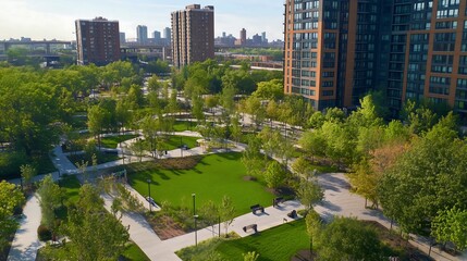 Obraz premium Urban Green Spaces Enhance City Living Amidst Modern Architecture