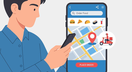 Man ordering food online through mobile application with location tracking and delivery service illustration
