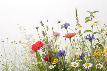 Wild meadow flowers composition isolated on white background with copy space, graphic resource backdrop