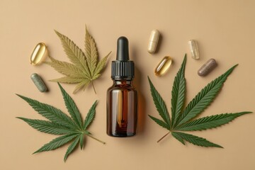 Dropper Bottle Flat Lay. Hemp Leaf CBD Oil Tincture on Beige Background, Medical Cannabis Concept