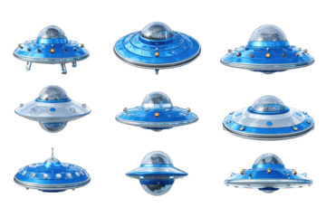 Nine stylized UFOs, various angles, blue/silver