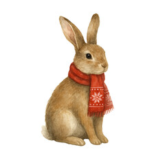 Hand drawn Cute watercolor hare wearing a red winter scarf with festive snowflake pattern. For Christmas watercolour cards, seasonal decor, children’s illustrations, and cozy holiday designs. PNG
