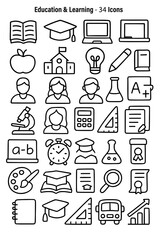 Education & Learning Icons – symbols for book, graduation cap, laptop, whiteboard, test paper, student ID, microscope, school bus, calculator.