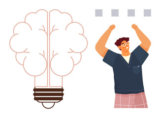 Brain-shaped light bulb representing creativity and ideas alongside a person raising hands in celebration. Ideal for innovation, inspiration, success, motivation, brainstorming, personal growth