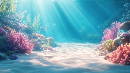 Sunlit ocean floor with vibrant coral reef and sandy bottom.