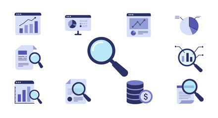 Magnifying glass and chart analysis icons set for data insights and business growth